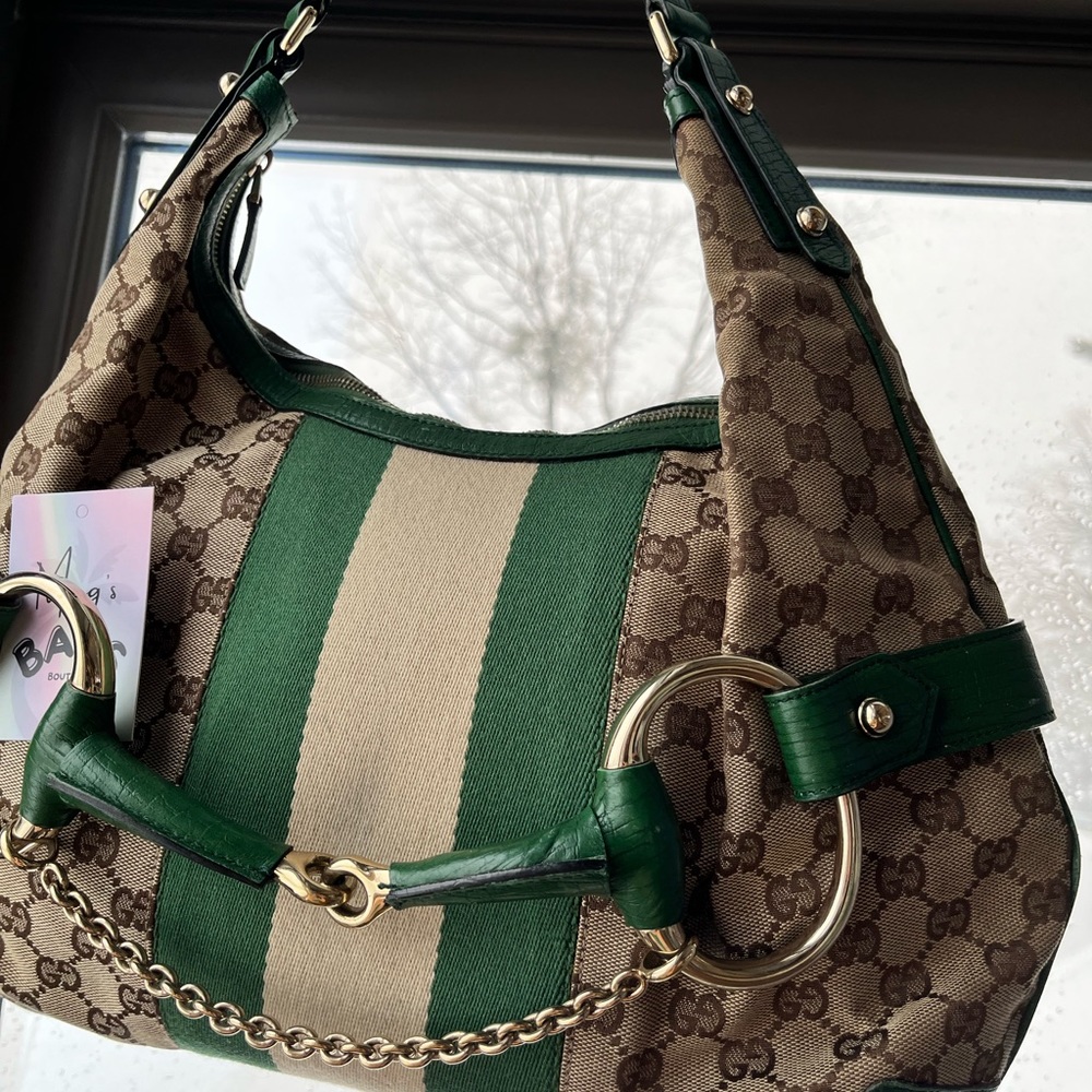 💚 Gucci: Horsebit Chain Studded Web Monogram Hobo Shoulder Bag - Picture 8 of 17